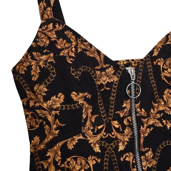 Topshop Printed Denim Zip front Dress black gold chain print size 4 - Picture 3 of 6